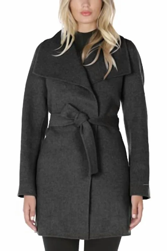 Wool Wrap Coat With Tie Belt In Deep Charcoal