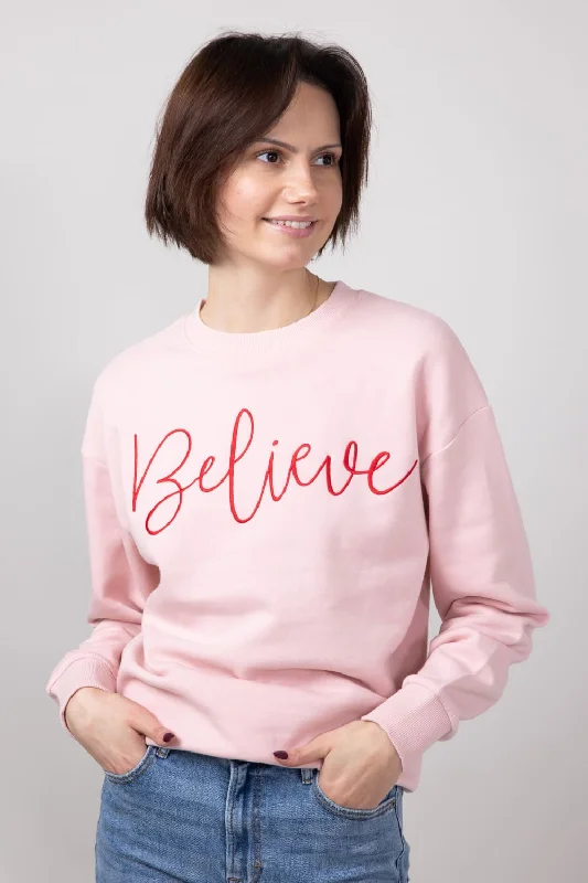 1897 Active Believe Embroidered Fleece Sweatshirt for Women in Pink | GT033-BELIEVE-PINK