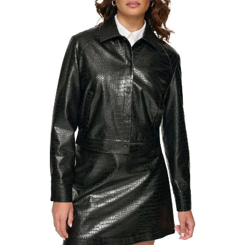 Womens Faux Leather Cropped Motorcycle Jacket