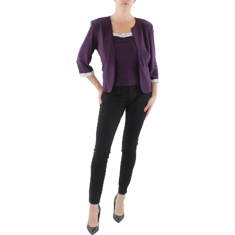 Petites Womens Knit 2PC Collarless Blazer