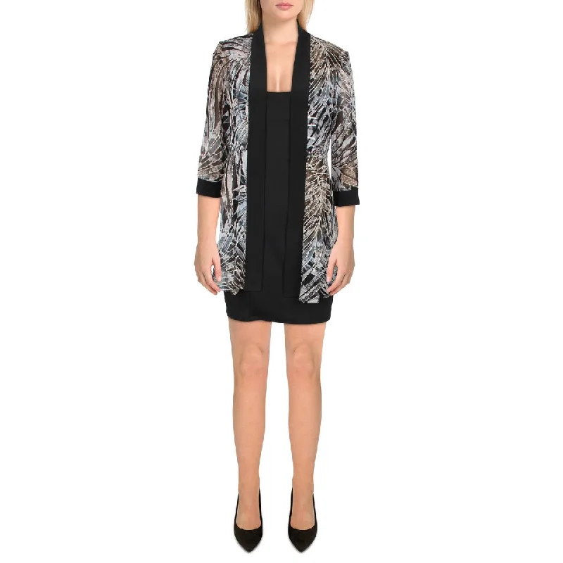 Petites Womens Mesh Printed Duster Blazer