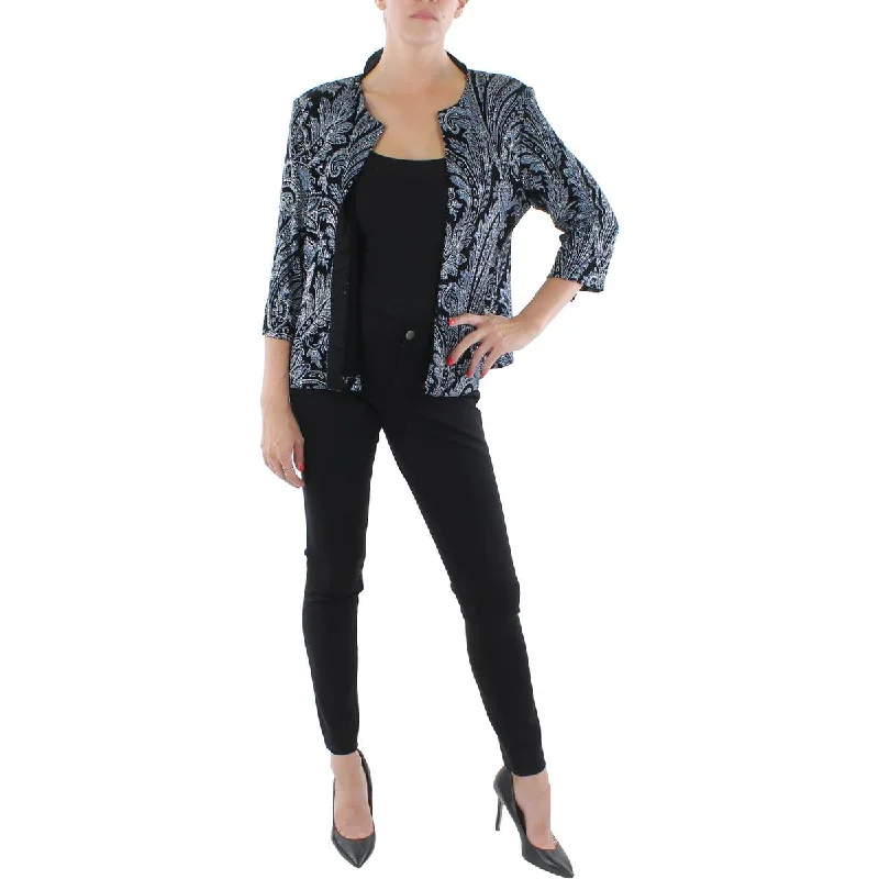 Petites Womens Knit Glitter Collarless Blazer