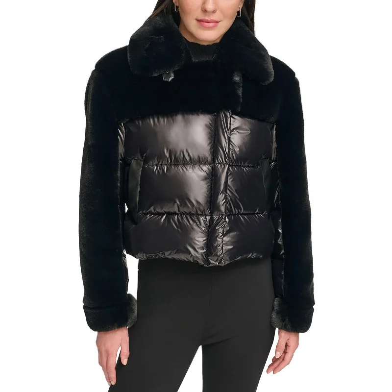 Womens Quilted Faux Fur Trim Puffer Jacket