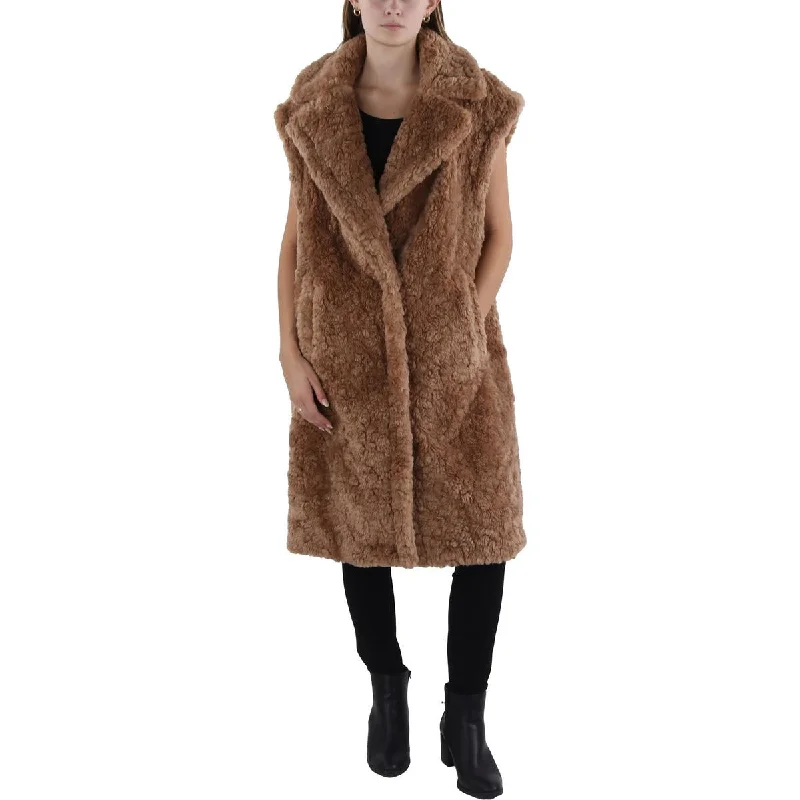 Womens Notch Collar Midi Faux Fur Coat