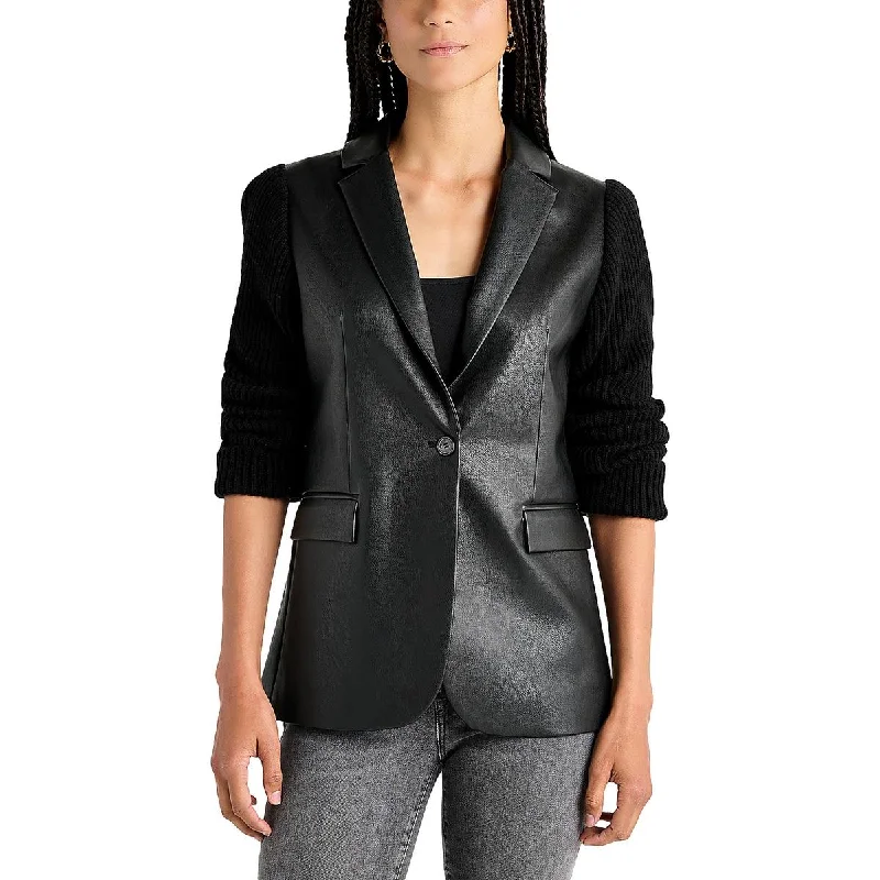 Adina Womens Faux Leather Mixed Media One-Button Blazer