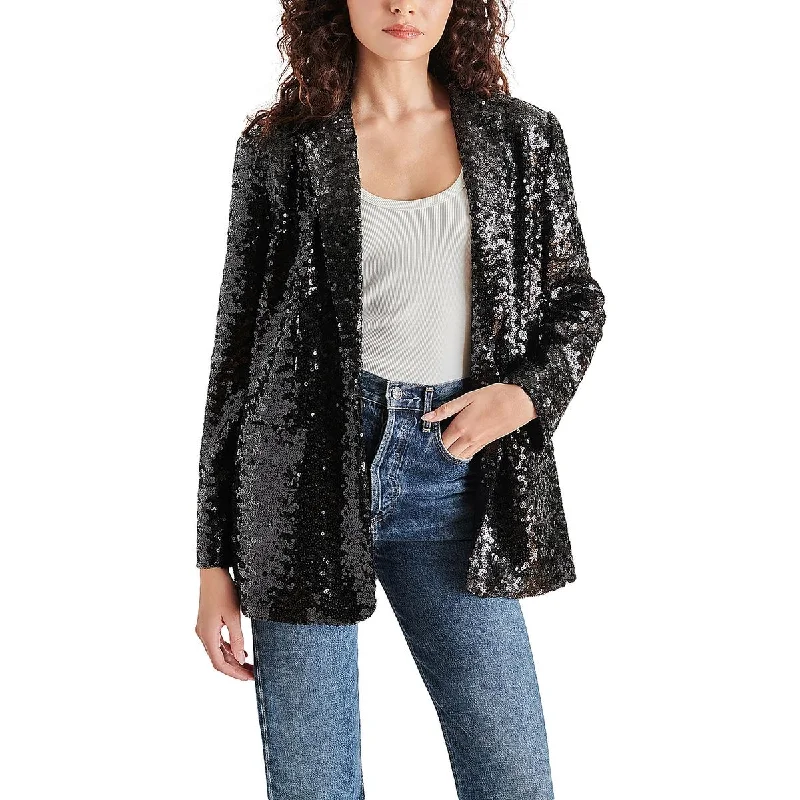 Womens Sequined Notch Collar One-Button Blazer