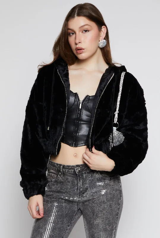 Faux Fur Zip Front Hooded Cropped Jacket