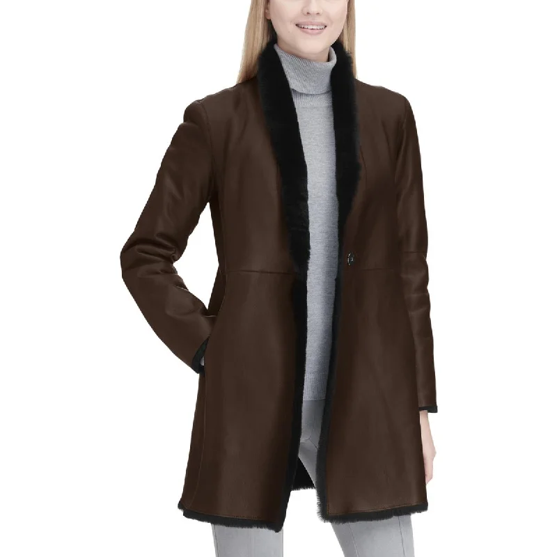 Calvin Klein Womens Lamb Shearling Reversible Leather Coat