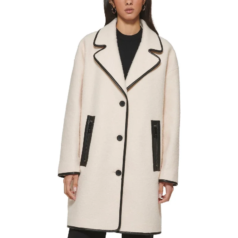 DKNY Womens Nubby Knit Faux Leather Trim Teddy Coat