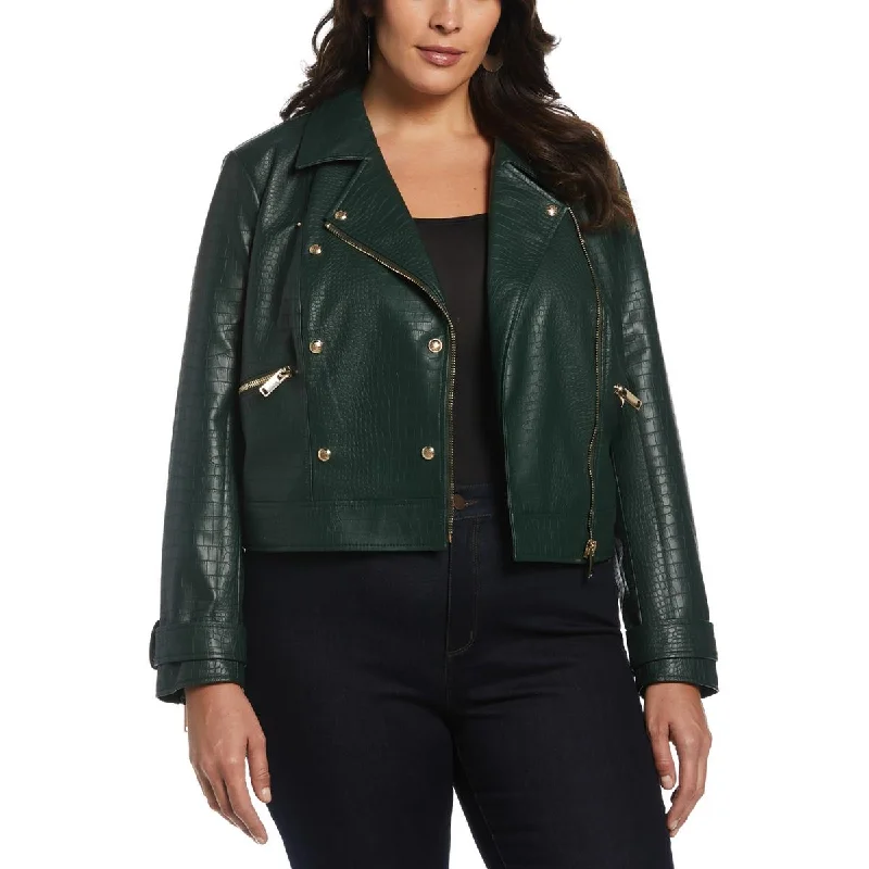 Ella Rafaella Womens Plus Faux Leather Embossed Motorcycle Jacket