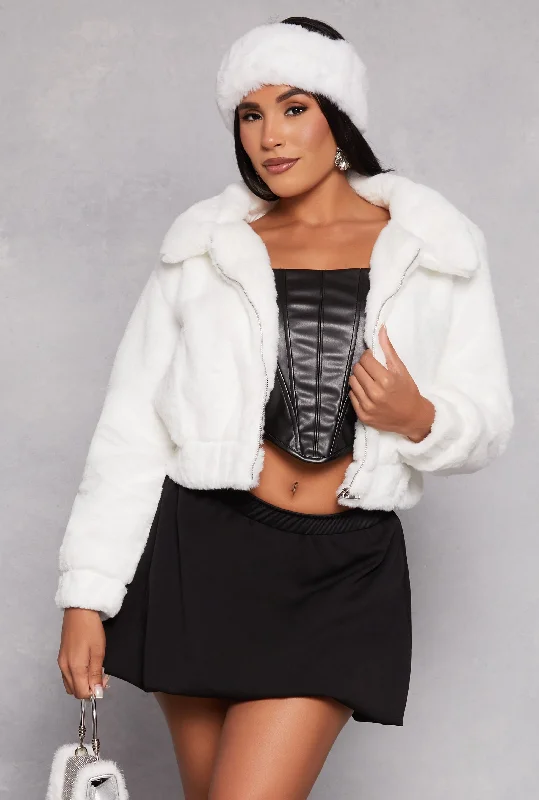 Faux Fur Zip Front Cropped Jacket