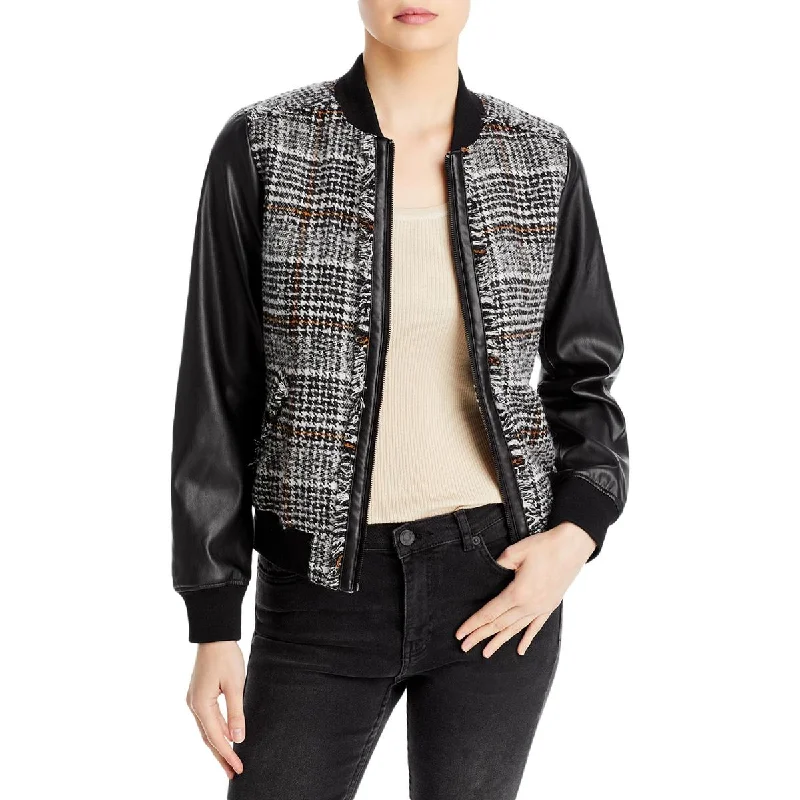 Karl Lagerfeld Paris Womens Tweed Faux Leather Bomber Jacket