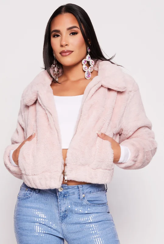 Faux Fur Zip Front Cropped Jacket