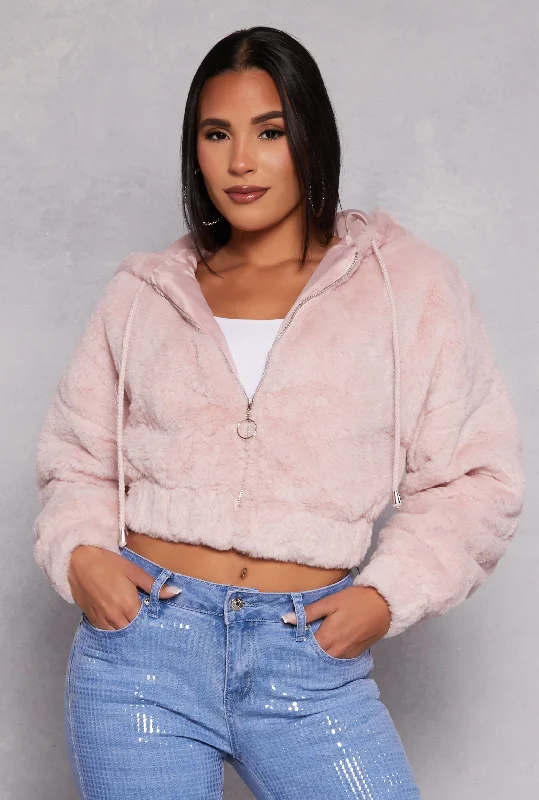 Faux Fur Zip Front Hooded Cropped Jacket