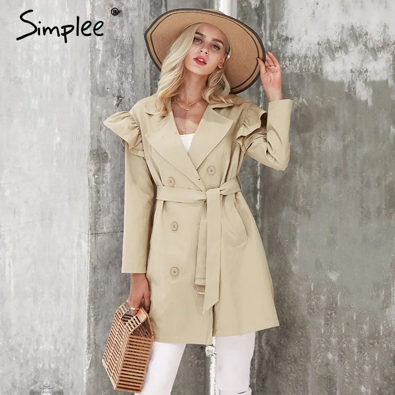 Ruffle trench coat women outerwear & coats Autumn sash pocket streetwear trench