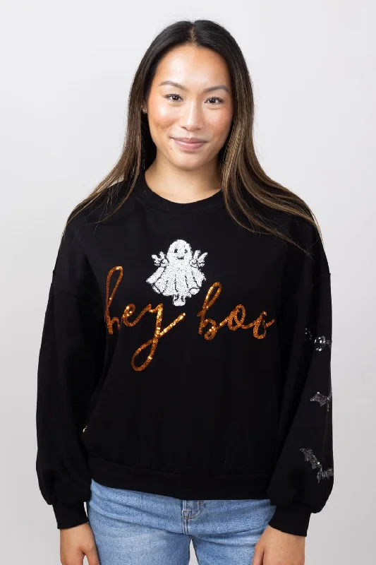 Simply Southern Sequin Hey Boo Ghost Sweatshirt for Women in Black  | PP-0224-CREW-SQN-GHOST