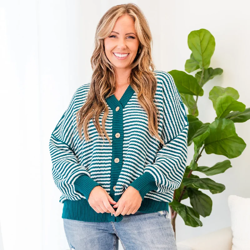 Snuggly Stripe Button-Up Sweater, Jade Green-Ivory