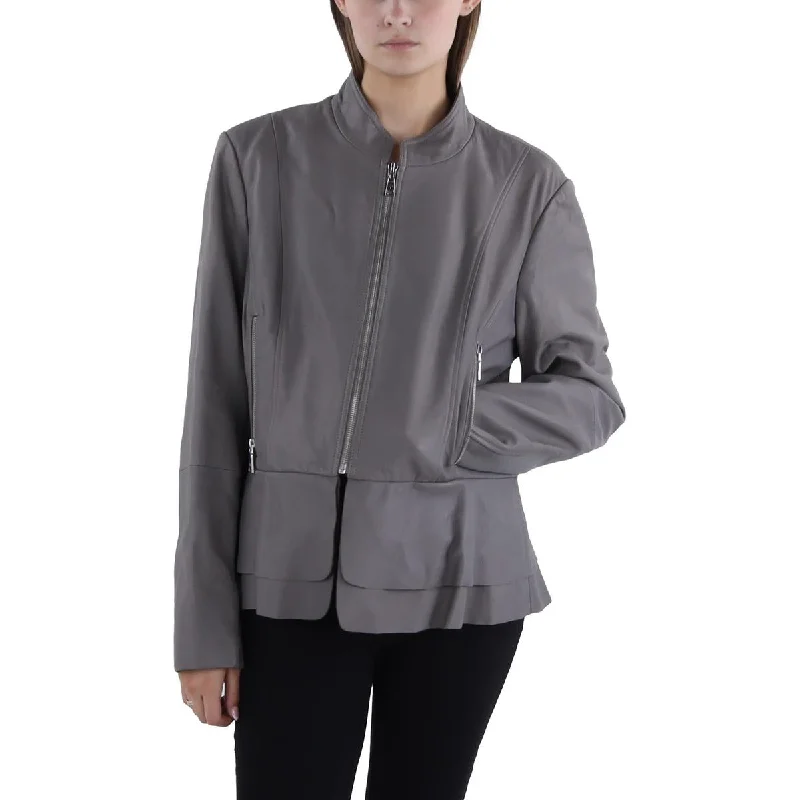 Tahari Womens Leather Peplum Leather Jacket