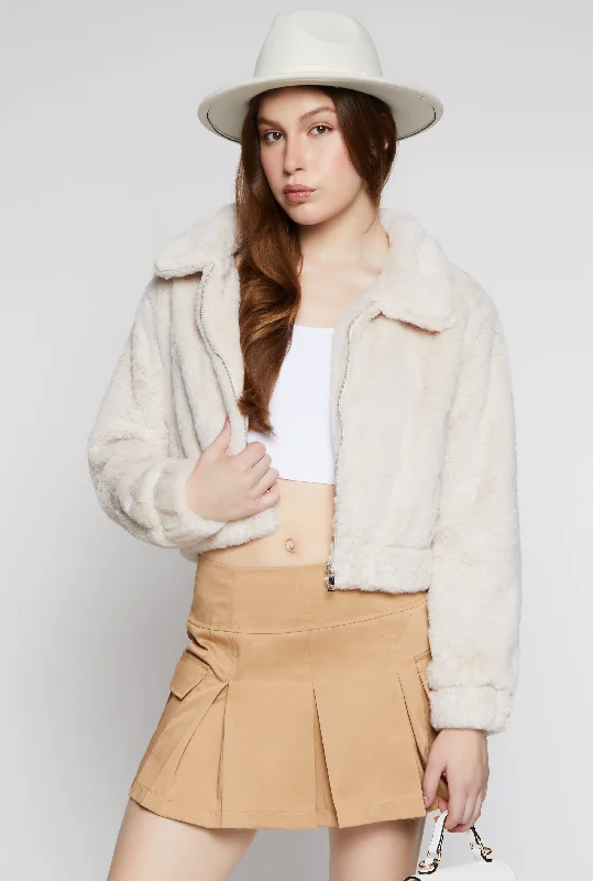 Faux Fur Zip Front Cropped Jacket