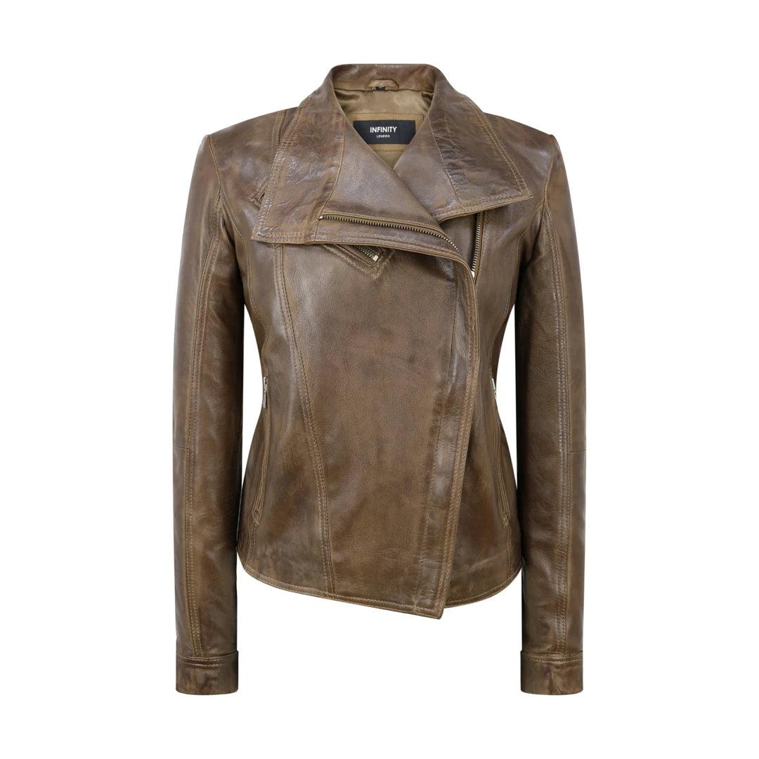 Womens Cross Zip Vintage Brown Biker Jacket retro Washed Soft Smart Casual