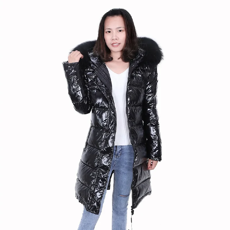 Women's Duck Down Lining Real Raccoon Fur Collar Shiny Jacket