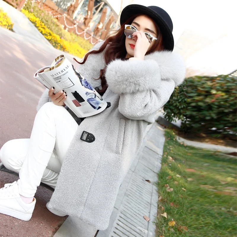 Women's High Street Winter Lapel Cashmere Fox Fur Mid-length Coat