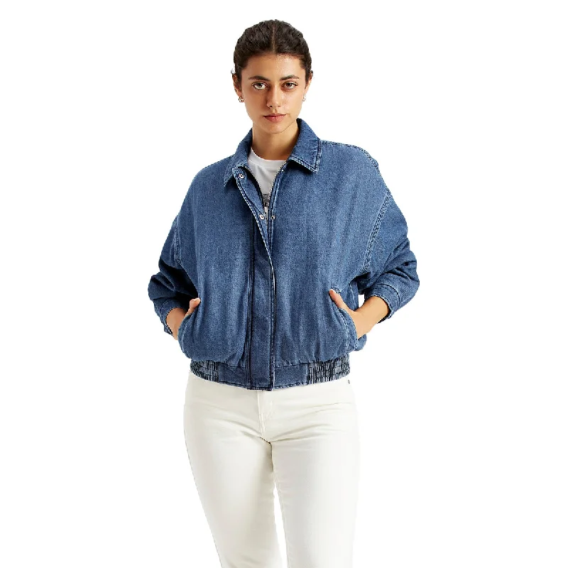 Women's Solid Blue Spread Collar Jacket