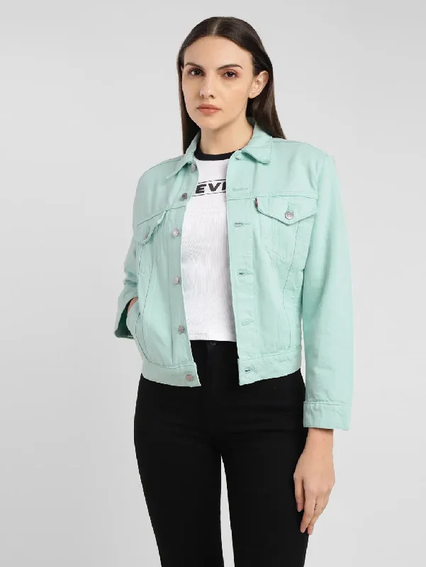 Women's Solid Green Spread Collar Jacket