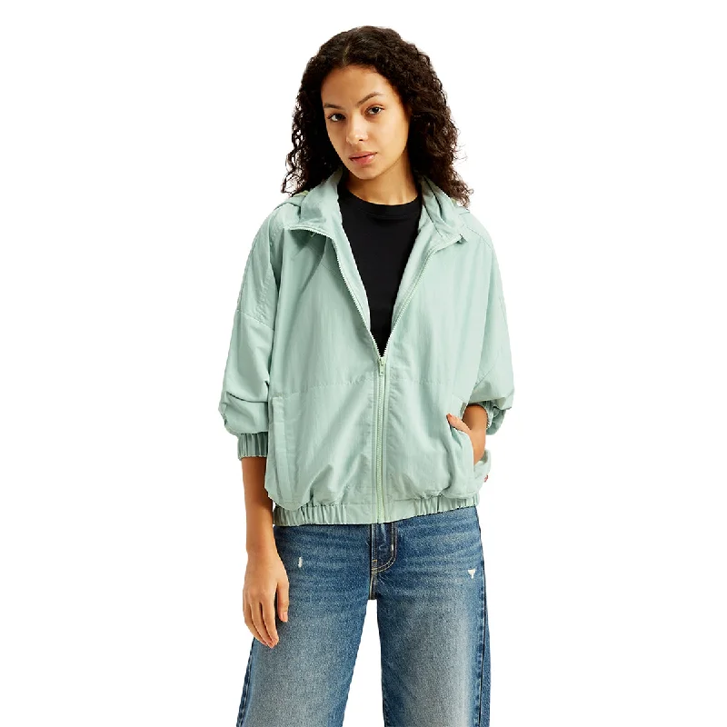 Women's Solid Light-Blue Hooded Windcheater Jacket