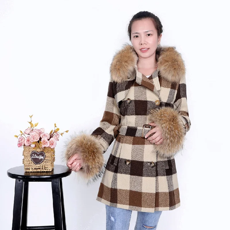 Women's Winter Casual Raccoon Leather Fur Collar Full Sleeve Coat