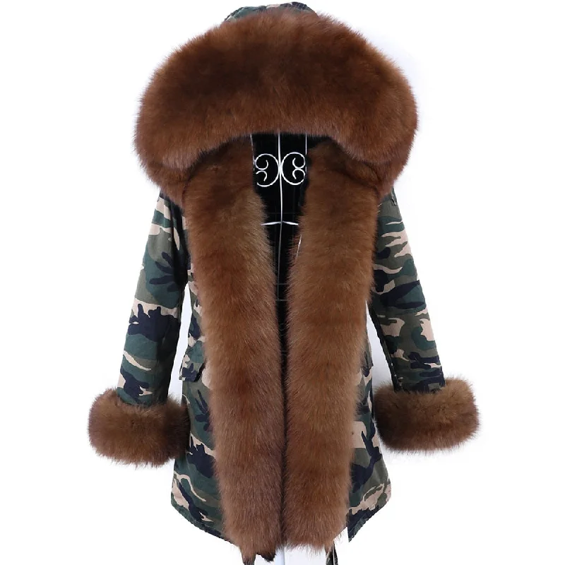 Women's Winter Fashion Real Fox Fur Collar Long Hooded Jacket