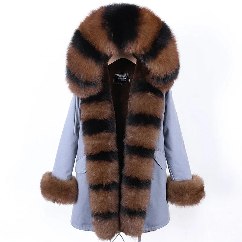 Women's Winter Luxury Real Fox Fur Collar Hooded Parkas Jacket