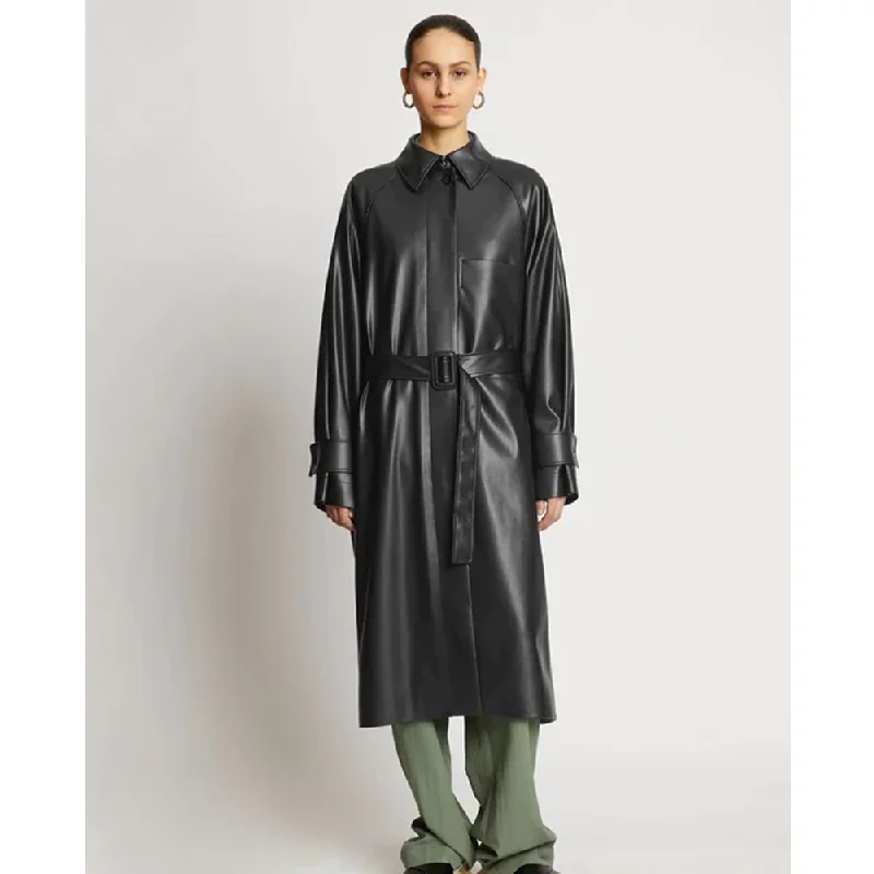 Black Leather Plain Trench Coat For Women