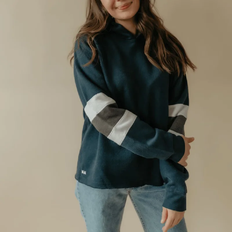 Cropped Color Block Sleeve Hoodie - Navy