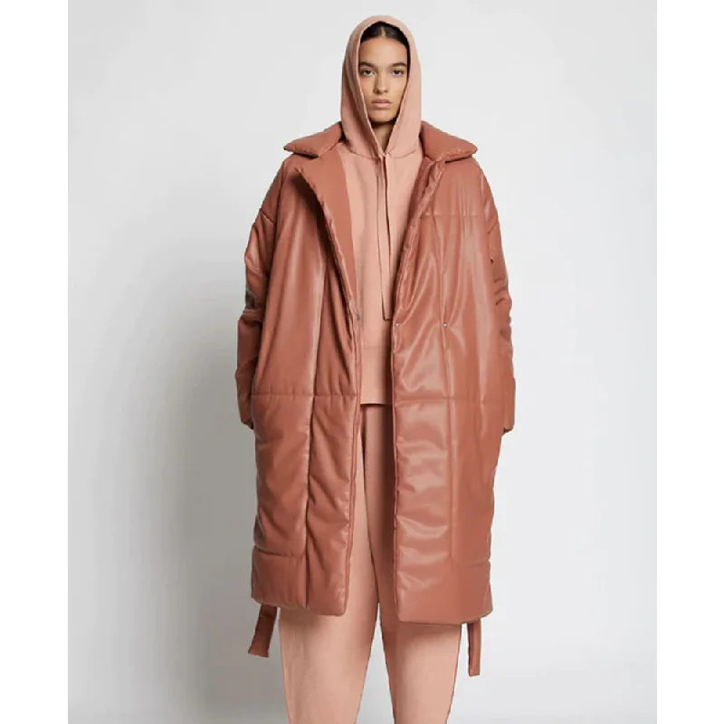 Faux Puffer Leather Trench Coat For Women