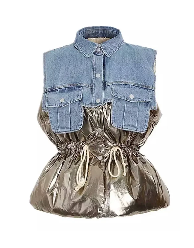 Half Denim Half Metallic Puff Vest