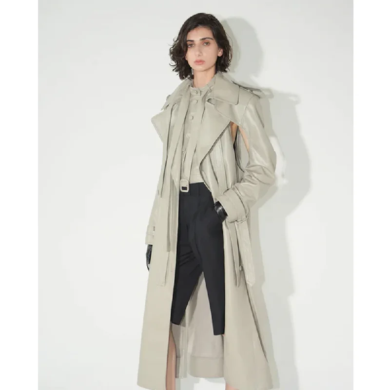 New Off White Sheepskin Double Breasted Duster Leather Trench Coat