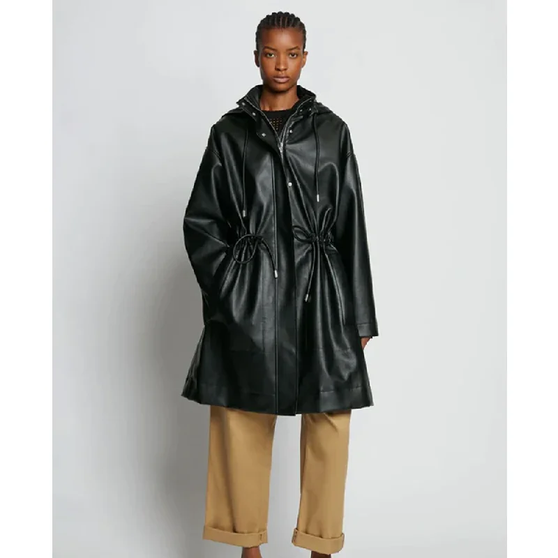 New Sheepskin Black Hooded Trench Duster Leather Coat