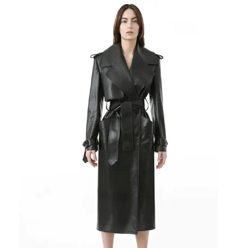 New Women Fitted Sheepskin Leather Trench Coat