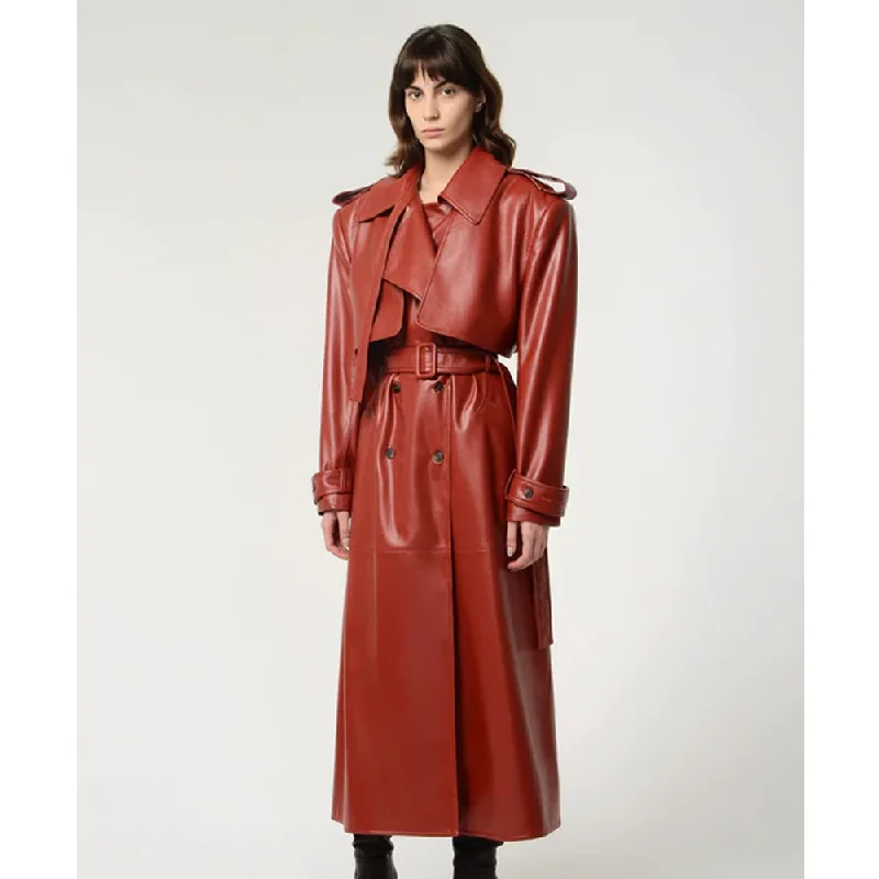 New Women Lambskin Red Leather Trench Coat