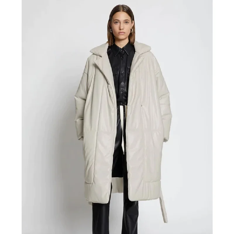 New Women Off White Faux Puffer Leather Trench Coat