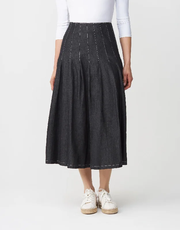 Short - style men's robes for a modern look33" Tuck Pleat Skirt with Exposed Zipper and White Stitching Denim Black