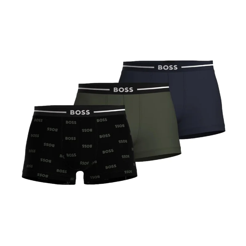 Men's trunks with a contoured pouch designBOSS Mens 3 Pack Bold Design Cotton Stretch Trunk - Khaki/Black/Navy Men's trunks with a contoured pouch designBOSS Mens 3 Pack Bold Design Cotton Stretch Trunk - Khaki/Black/Navy