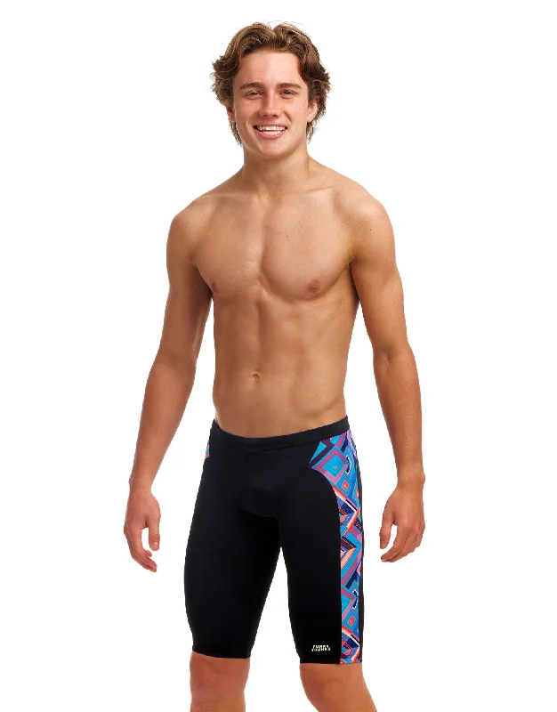 Men's trunks with a contoured pouch designBoys Boxed Up Swim Jammer - Black/Multi