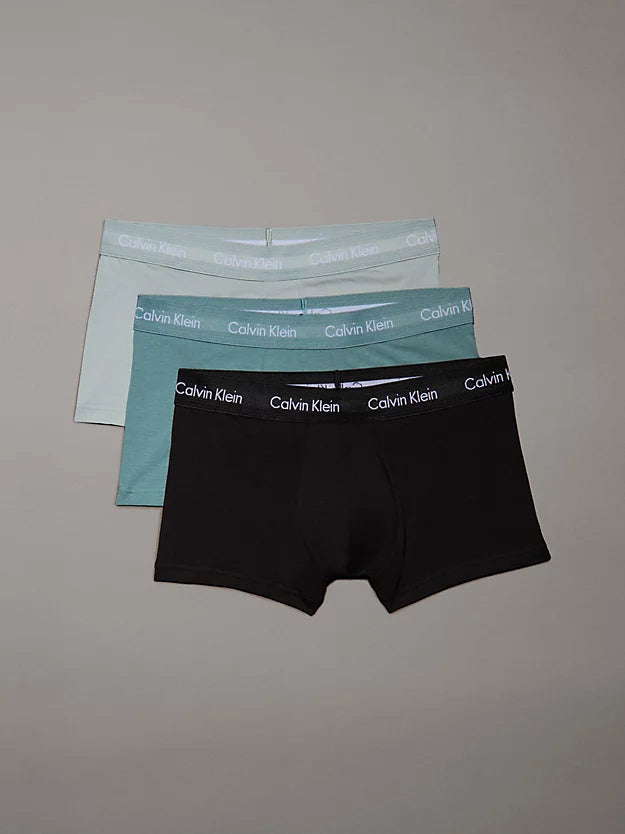Cotton men's trunks for a comfortable fitCalvin Klein Mens Cotton Stretch Low Rise Trunk 3 Pack - Black, Shade, Slate Turquoise