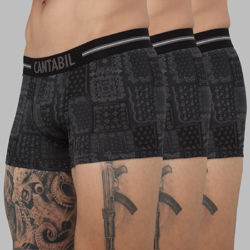 Printed men's trunks with eye - catching motifsMen's Black Grey Motif Print Fashion Trunk - 3's Pack