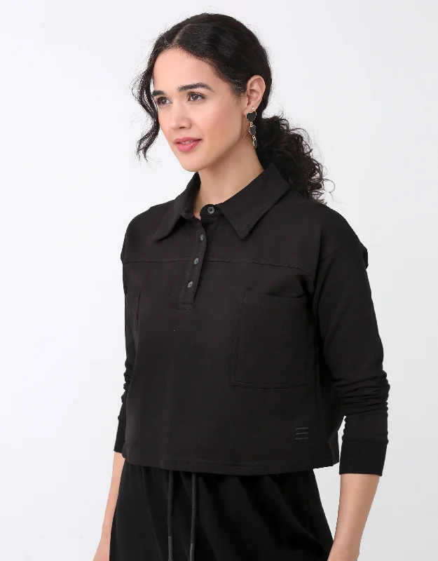 Men's robes made from sustainable materialsFrench Terry Cropped Button Collar Top With Back Pleat Black