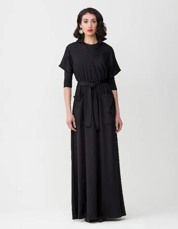 Long - length men's robes for full - body coverageRayon Elastic Waist Vneck Collar Robe with Patch Pockets and Tie Belt