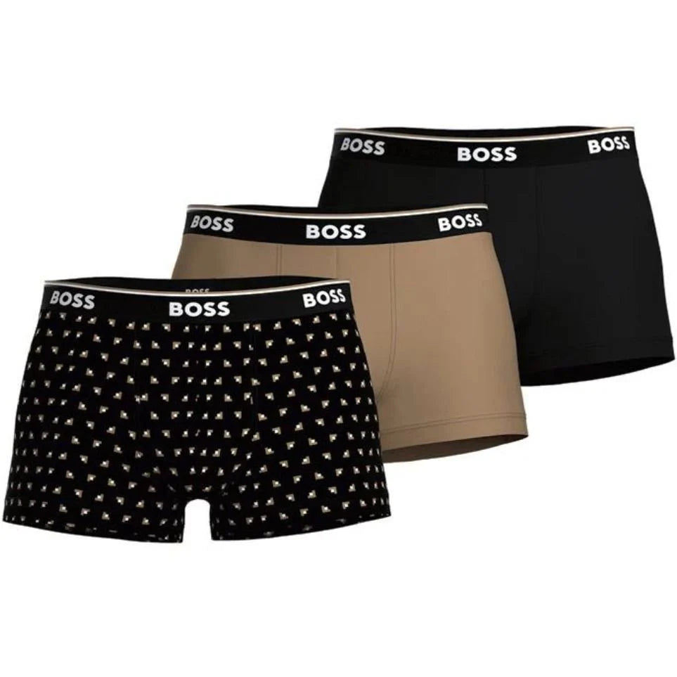 Athletic - grade men's trunks for sportsBOSS Men's Power 3 Pack Trunks - Black/Beige with Power Logo Waistband and Geo Print