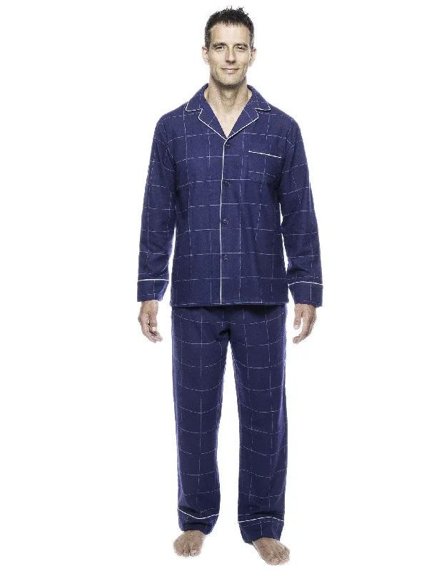 Lightweight men's robes for summer loungingBox Packaged Men's Premium 100% Cotton Flannel Pajama Sleepwear Set - Windowpane Checks Dark Blue